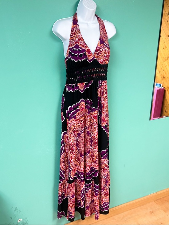 Bisou Bisou Pink & Black Floral Boho Halter Maxi Dress Womens 12 - Picture 4 of 9